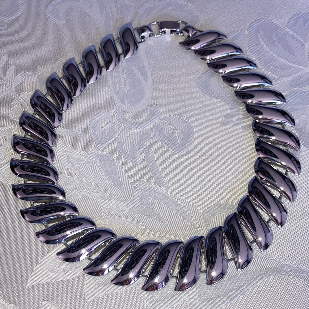 Silvertone shiny expanding metal necklace, choker style,  $25